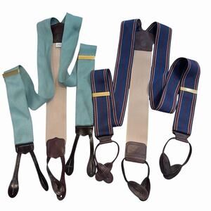 Torino Button Suspenders Made USA Leather Ends Y-Back Green Silk Blue Lot Of 2